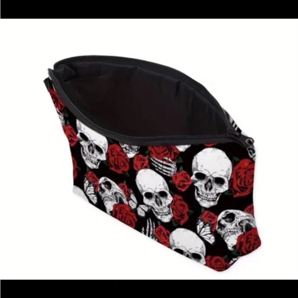 New! 3D Printed Skull And Rose Pattern Cosmetic Bag, Waterproof Makeup Pouch